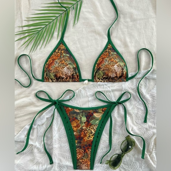 Pretty Woman Boutique Other - Green Leopard Floral Print Halter Side Tie Bikini Set